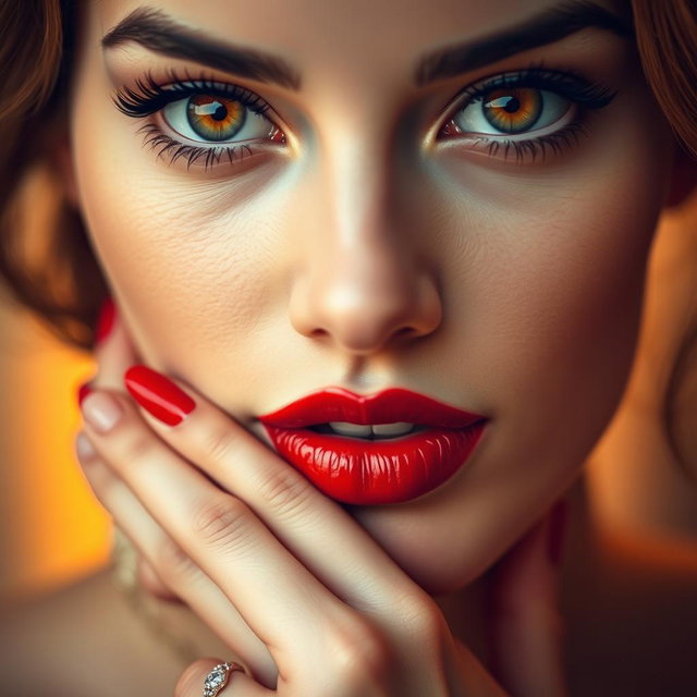 A close-up portrait focusing on three distinct sections: the eyes which are bright and expressive, showcasing deep golden irises surrounded by thick, dark eyelashes; the mouth which is slightly open with soft, plump lips painted in a glossy, seductive shade of red; and hands that are elegant and graceful, gently resting on the chin, with perfectly manicured nails and a delicate ring on the index finger