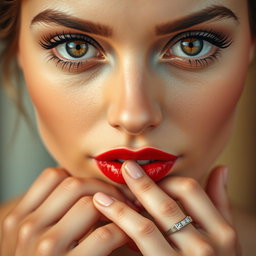 A close-up portrait focusing on three distinct sections: the eyes which are bright and expressive, showcasing deep golden irises surrounded by thick, dark eyelashes; the mouth which is slightly open with soft, plump lips painted in a glossy, seductive shade of red; and hands that are elegant and graceful, gently resting on the chin, with perfectly manicured nails and a delicate ring on the index finger