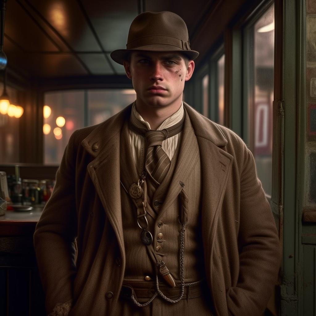 Generate a photo-realistic image of a 29-year-old English gangster, dressed in early 20th century fashion, showing signs of recent combat, in the ambiance of Bristol, shortly after WW1.