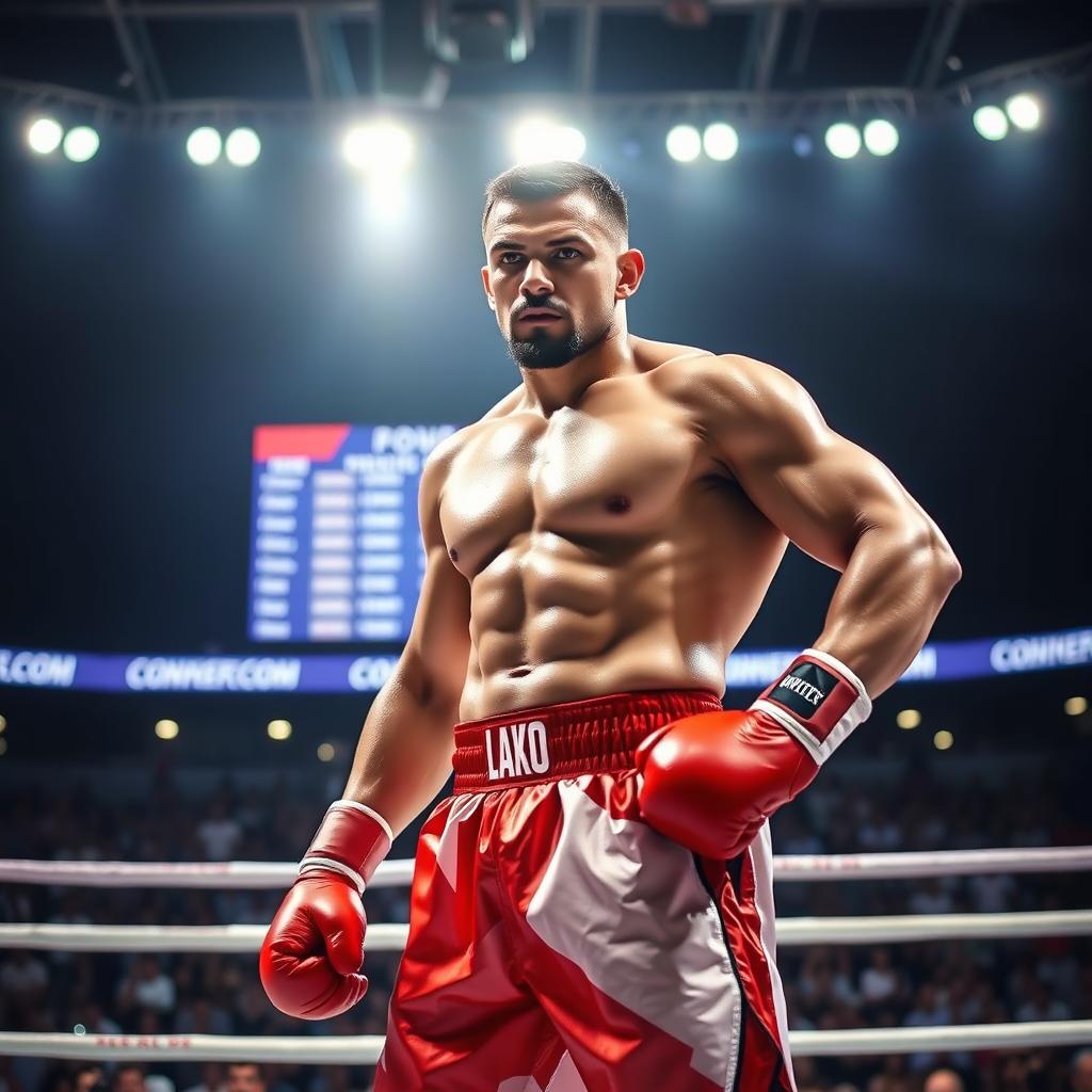 A powerful boxer standing in a professional boxing ring