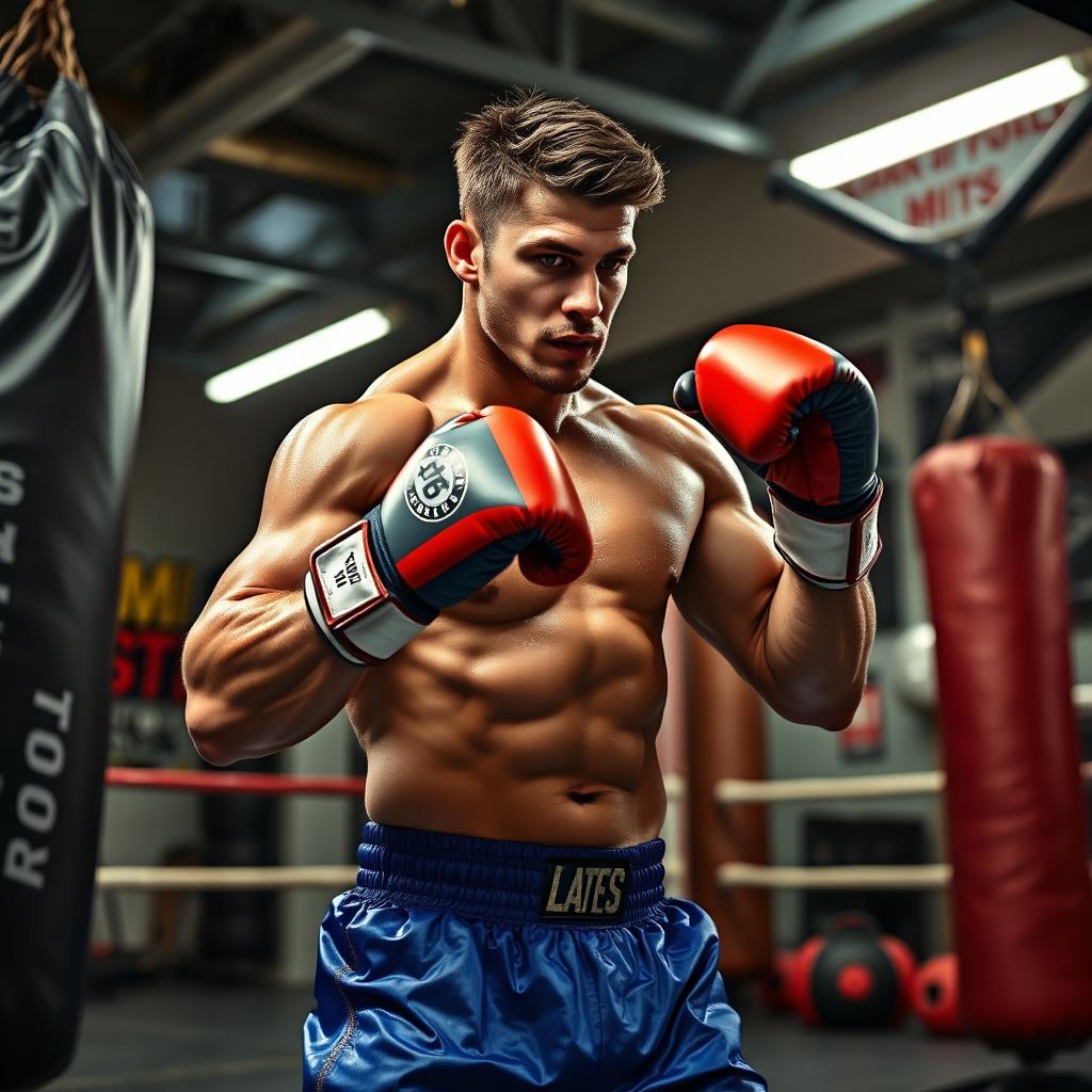 A muscular boxer in an intense training session, wearing blue boxing shorts and red gloves, sweat glistening on their skin, standing in a well-equipped gym surrounded by punching bags and weights