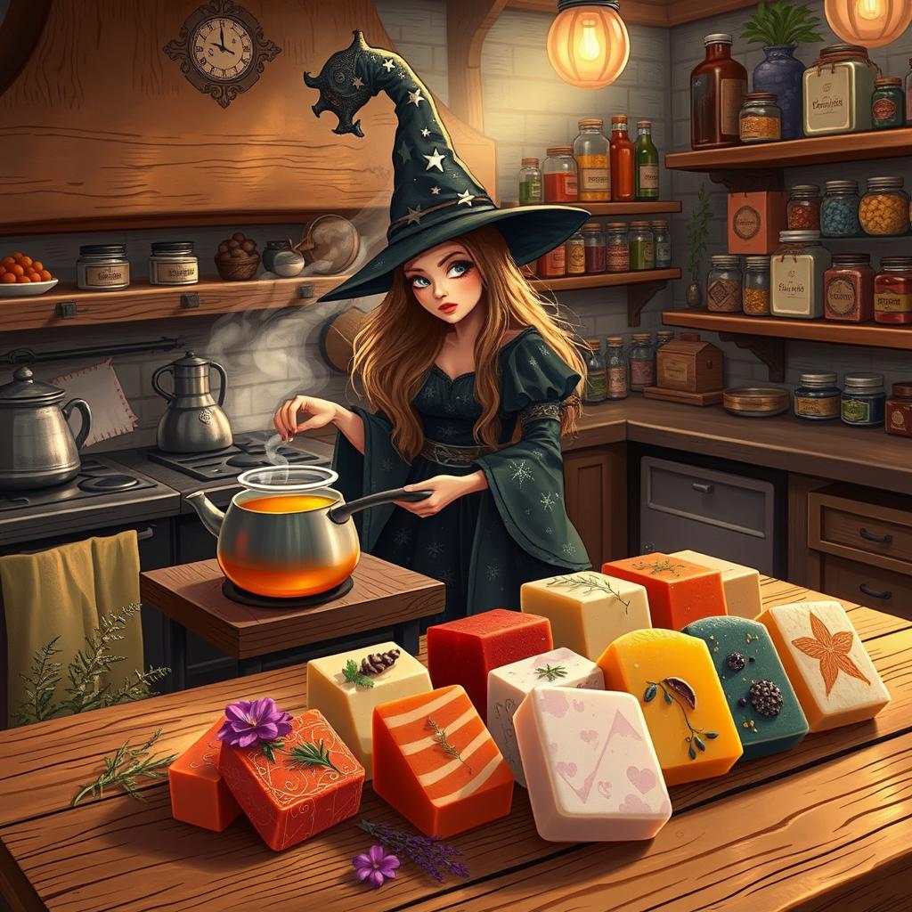 A whimsical and enchanting scene depicting a good witch in a cozy kitchen
