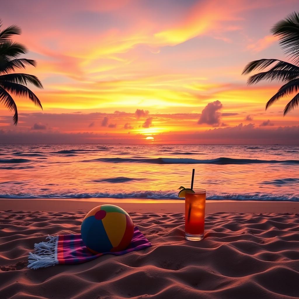 A stunning sunset over a serene beach with golden sands, the sky ablaze with hues of orange, pink, and purple
