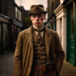 Generate a photo-realistic image of a 29-year-old English gangster, dressed in early 20th century fashion, showing signs of recent combat, in the ambiance of Bristol, shortly after WW1.