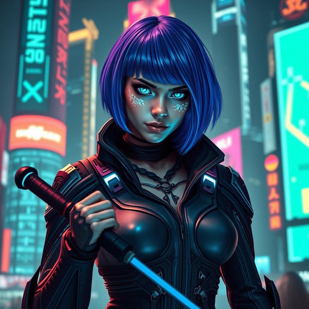A cyberpunk female warrior with striking blue hair styled in a sleek bob cut