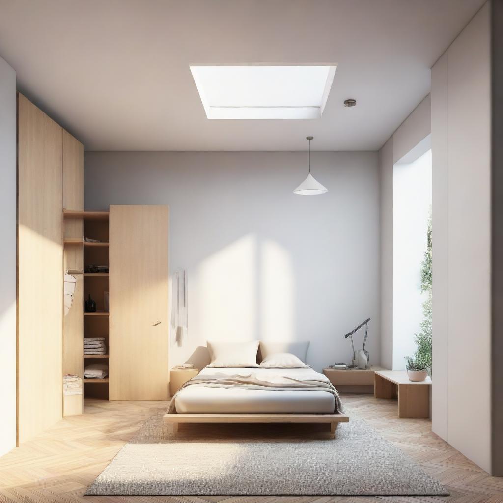 A square room with two corners extruding inwards, a large window on the impacted wall, two doors on opposite walls. Furniture includes a bed, table, bean bag, wardrobe, and shelves arranged harmoniously.