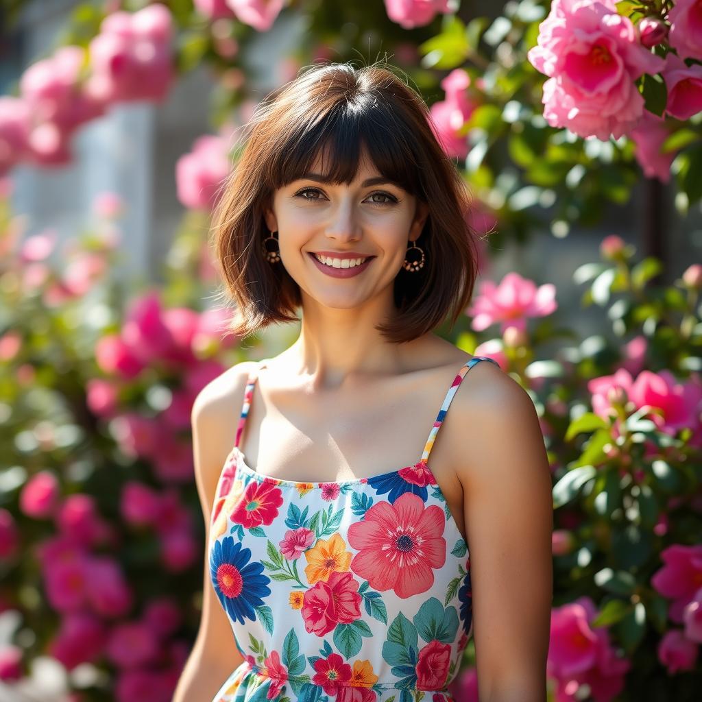 A portrait of a 30-year-old Armenian woman wearing a colorful sundress, her brunette hair styled with bangs, standing outdoors surrounded by blooming flowers