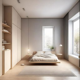 A square room with two corners extruding inwards, a large window on the impacted wall, two doors on opposite walls. Furniture includes a bed, table, bean bag, wardrobe, and shelves arranged harmoniously.