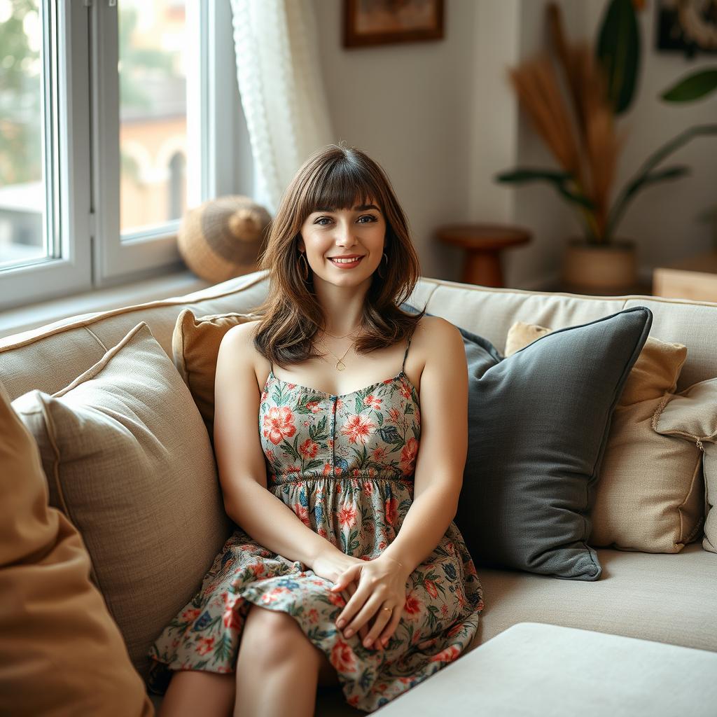 A cozy indoor scene featuring a 30-year-old Armenian woman sitting on a stylish couch, wearing a beautiful sundress
