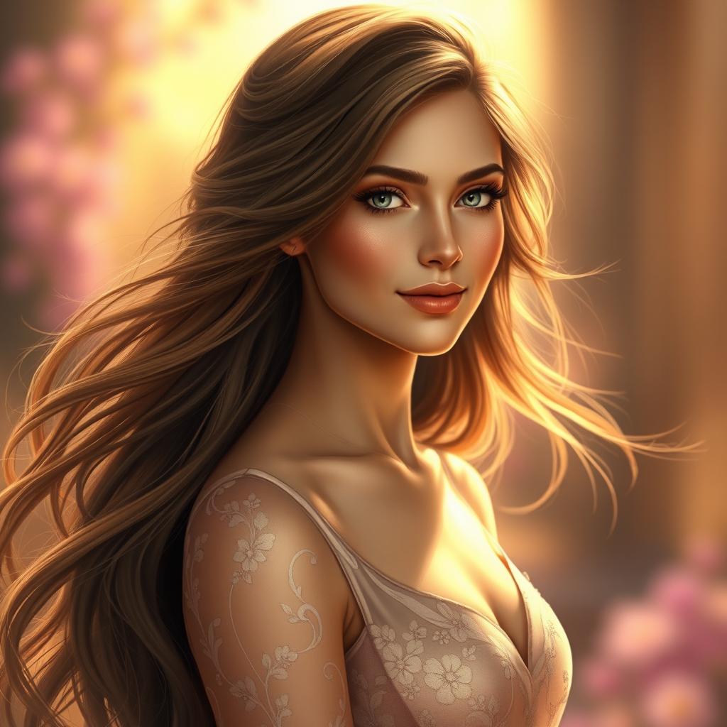 A realistic and detailed portrait of a beautiful woman with long, flowing hair