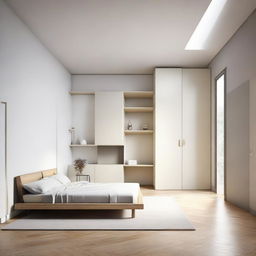 A square room with two corners extruding inwards, a large window on the impacted wall, two doors on opposite walls. Furniture includes a bed, table, bean bag, wardrobe, and shelves arranged harmoniously.