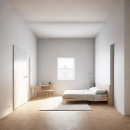 A square room with two corners extruding inwards, a large window on the impacted wall, two doors on opposite walls. Furniture includes a bed, table, bean bag, wardrobe, and shelves arranged harmoniously.