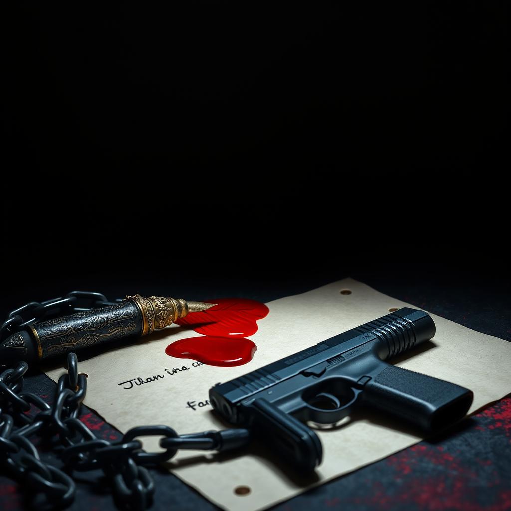 A dark and atmospheric scene featuring a symbolic representation of an oath, where blood drips from an ornate quill pen onto a parchment, surrounded by a backdrop of menacing shadows