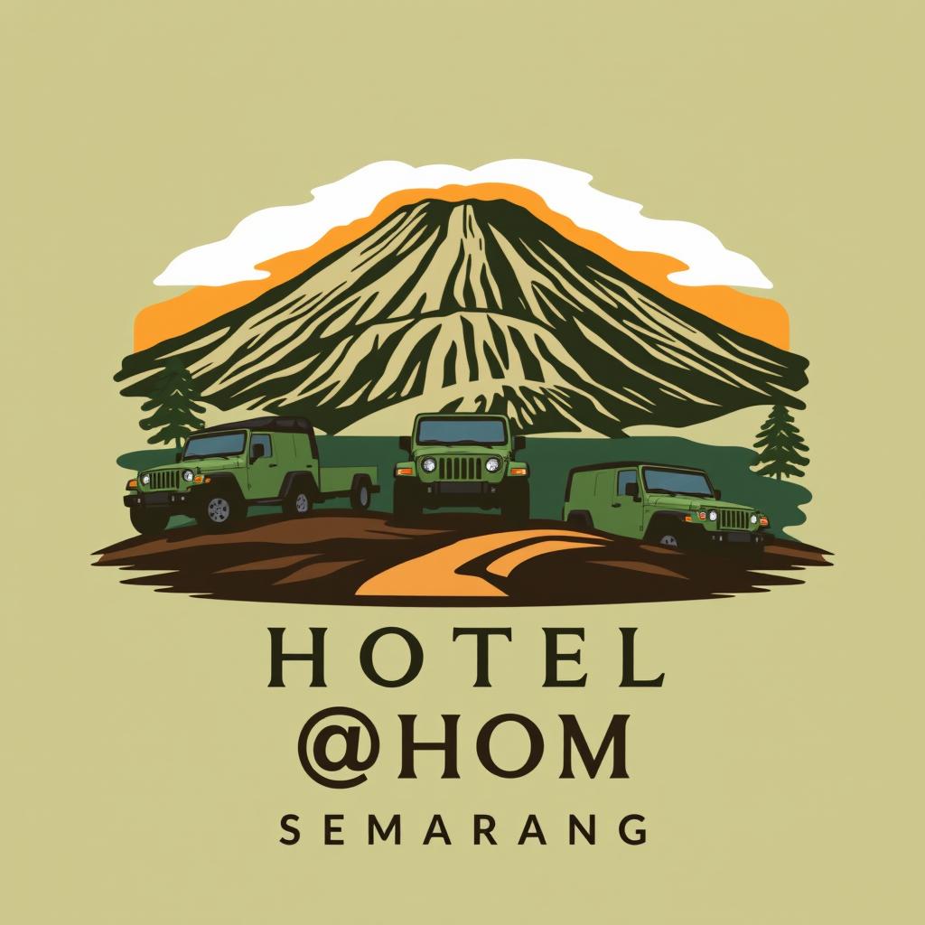 Design a logo for "HOTEL @HOM SEMARANG" featuring an artistic representation of Bromo Mountain in the background