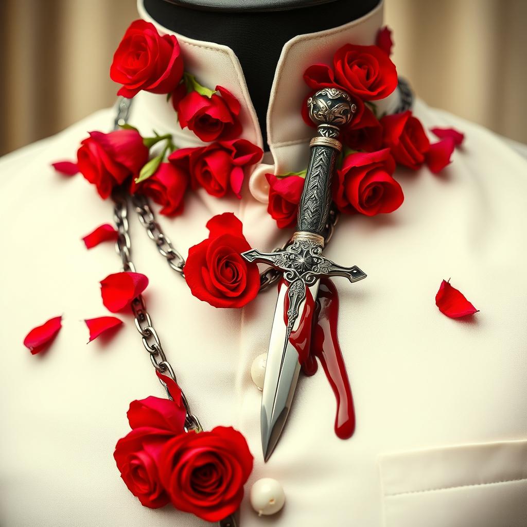 A stylish man's suit collar beautifully adorned with lush red roses that spread all over the page, creating a vibrant and romantic atmosphere