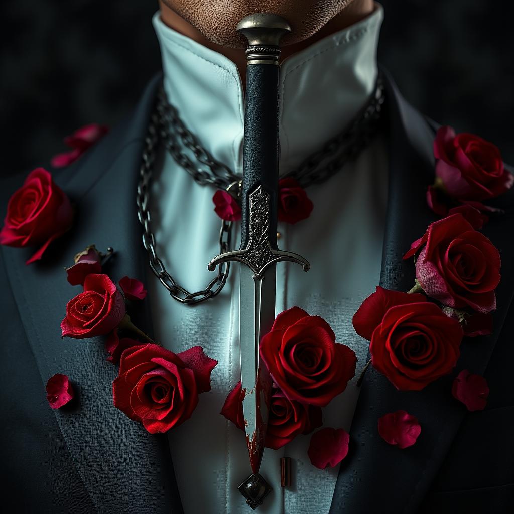 A stylish man's suit collar intricately adorned with deep red roses, creating an enchanting dark romance atmosphere as they cascade across the page