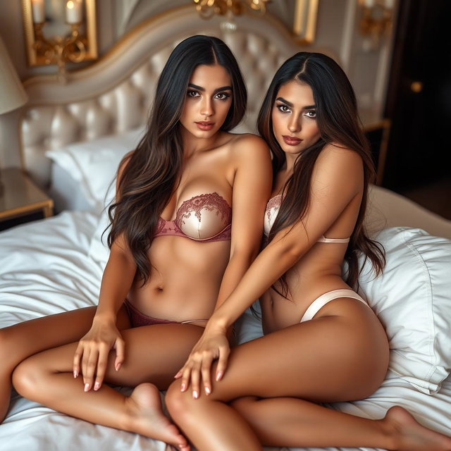 Two gorgeous young tan Arabic twin sisters with long brunette hair, characterized by their thin and petite bodies, featuring small cup sizes and small booties, dressed in enticing lingerie