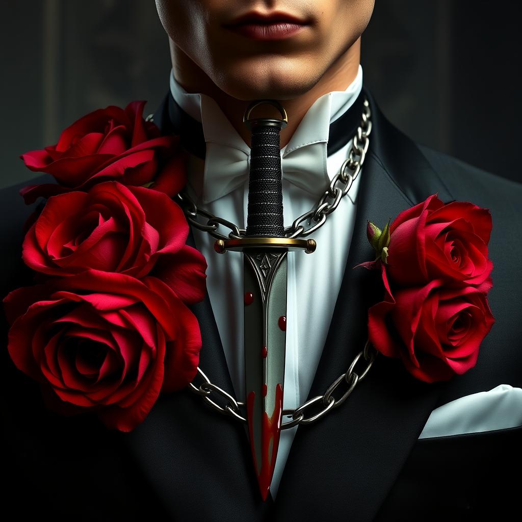 A modern mafia-style tuxedo collar, sharply tailored and sleek, adorned with oversized, lush red roses that dominate the composition, enhancing the dark romance theme