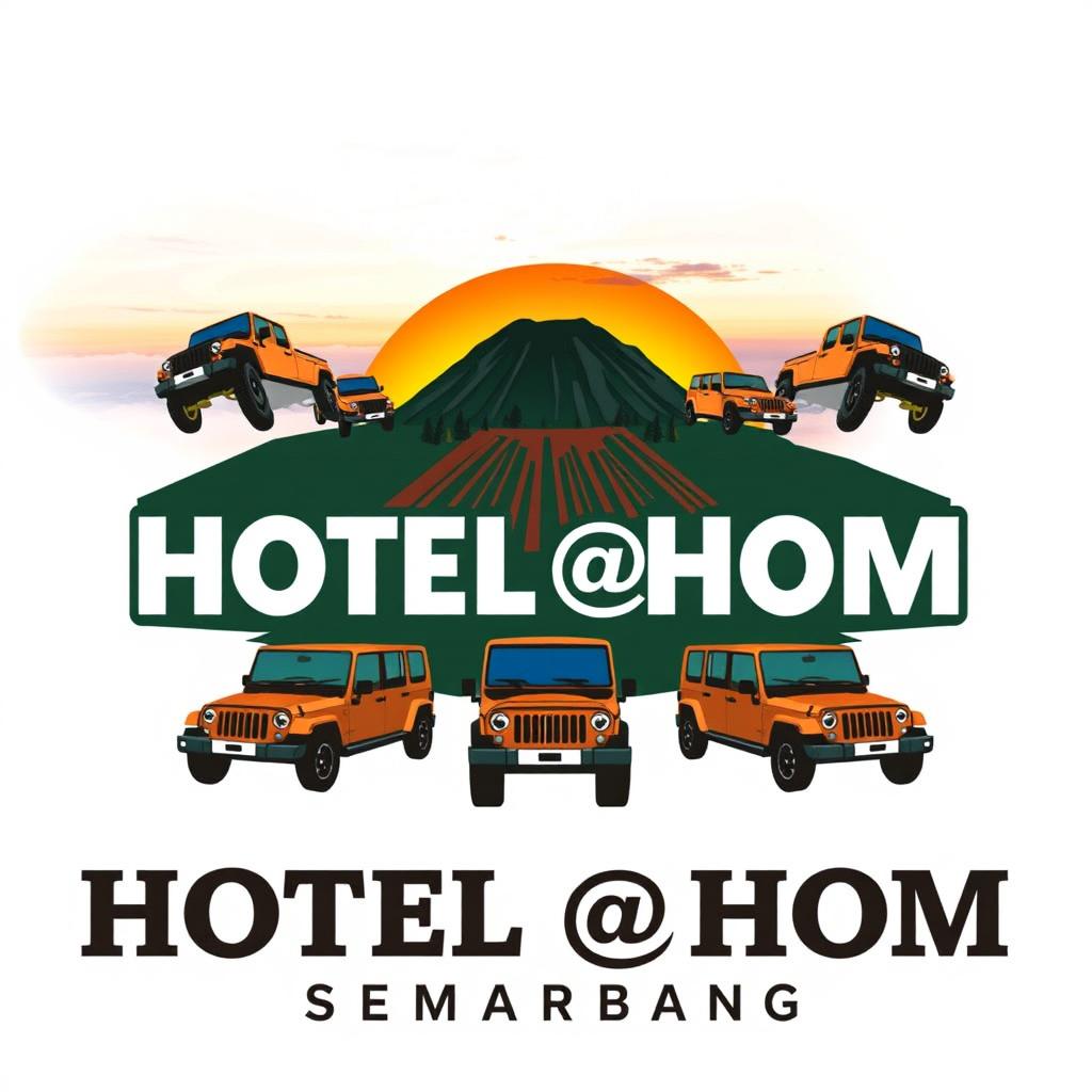 A vibrant and inviting logo design for "HOTEL @HOM SEMARANG" featuring a stunning background view of Bromo Mountain at sunrise