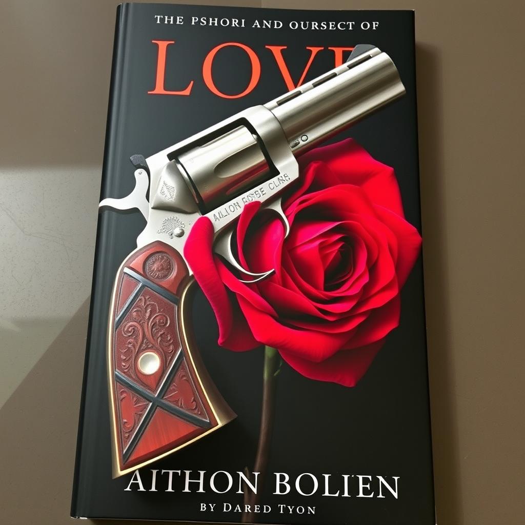 A striking book cover featuring a beautifully intricate red rose intertwined with a vintage handgun, symbolizing love and danger