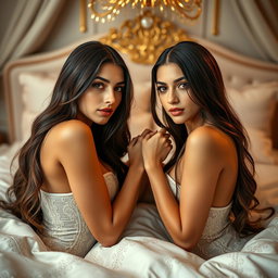 Two gorgeous young tan Arabic twin sisters with long brunette hair, embodying thin and petite figures, characterized by small cup sizes and small booties
