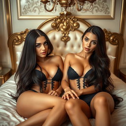 Two gorgeous young tan Arabic twin sisters with long brunette hair, embodying thin and petite figures, characterized by small cup sizes and small booties