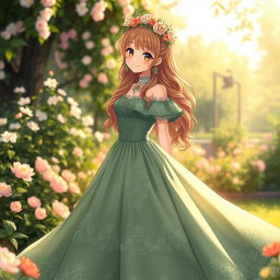 A Victorian maiden anime girl wearing a beautiful green dress that flows elegantly to the ground
