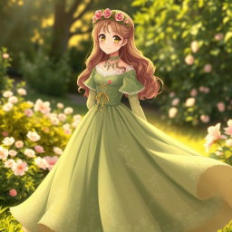 A Victorian maiden anime girl wearing a beautiful green dress that flows elegantly to the ground