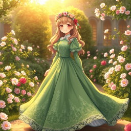 A Victorian maiden anime girl wearing a beautiful green dress that flows elegantly to the ground