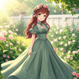 A Victorian maiden anime girl wearing a beautiful green dress that flows elegantly to the ground