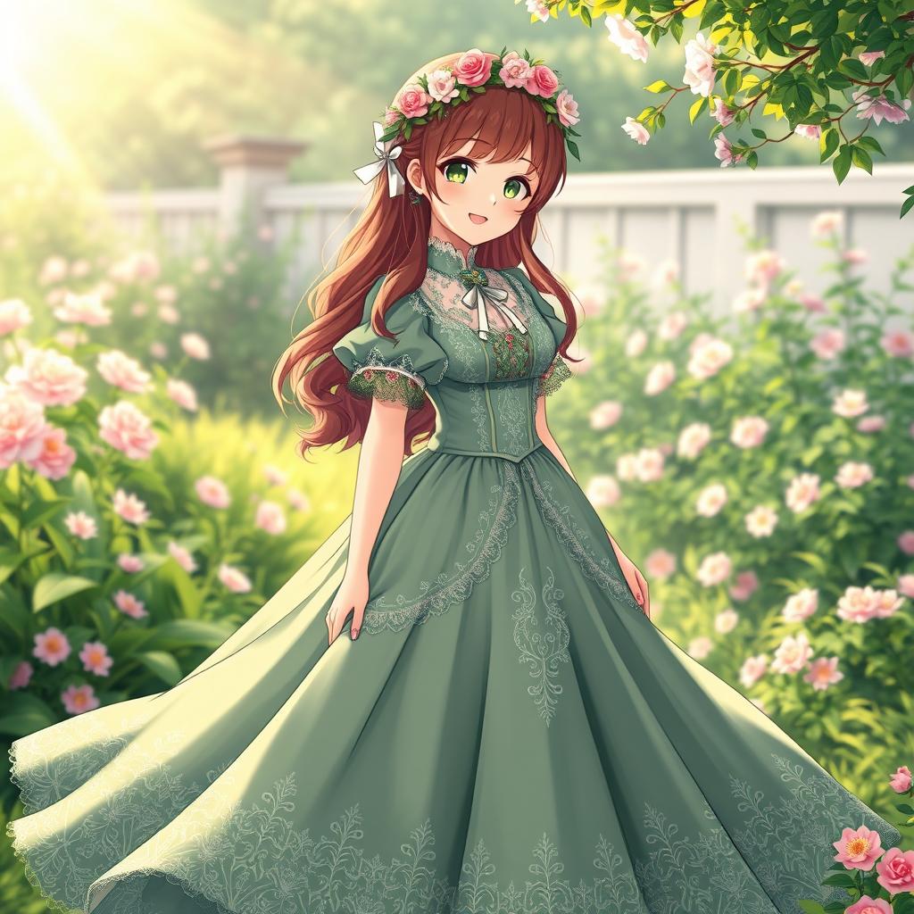 A Victorian maiden anime girl wearing a beautiful green dress that flows elegantly to the ground