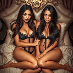 Two gorgeous young tan Arabic twin sisters with long brunette hair, showcasing thin and petite bodies with small cup sizes and small booties, elegantly dressed in seductive lingerie