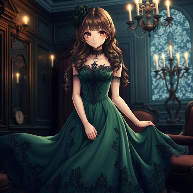 A gothic Victorian maiden anime girl wearing a stunning green dress that flows elegantly, with intricate lace and dark floral patterns enhancing her unique style