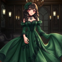 A gothic Victorian maiden anime girl wearing a stunning green dress that flows elegantly, with intricate lace and dark floral patterns enhancing her unique style