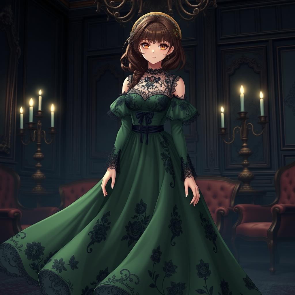 A gothic Victorian maiden anime girl wearing a stunning green dress that flows elegantly, with intricate lace and dark floral patterns enhancing her unique style
