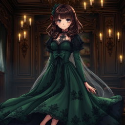 A gothic Victorian maiden anime girl wearing a stunning green dress that flows elegantly, with intricate lace and dark floral patterns enhancing her unique style