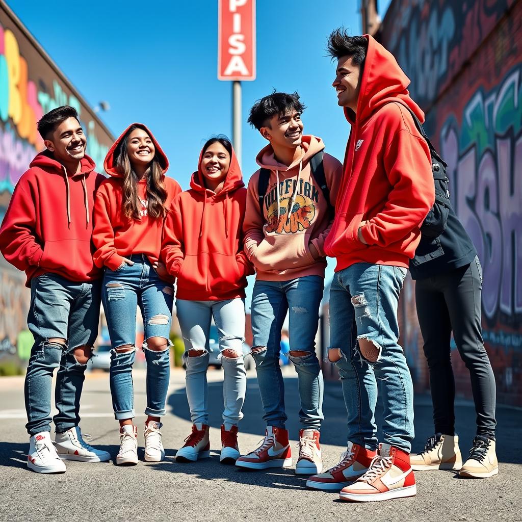 A vibrant street scene showcasing a group of four stylish individuals dressed in trendy streetwear, including oversized hoodies, distressed jeans, and fashionable sneakers, standing together and laughing