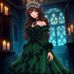 A gothic Victorian maiden anime girl wearing a striking green dress that cascades elegantly, enriched with dark lace and intricate floral patterns that highlight her unique gothic style