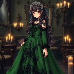 A gothic Victorian maiden anime girl wearing a striking green dress that cascades elegantly, enriched with dark lace and intricate floral patterns that highlight her unique gothic style