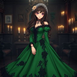 A gothic Victorian maiden anime girl wearing a striking green dress that cascades elegantly, enriched with dark lace and intricate floral patterns that highlight her unique gothic style