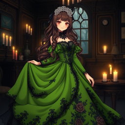 A gothic Victorian maiden anime girl wearing a striking green dress that cascades elegantly, enriched with dark lace and intricate floral patterns that highlight her unique gothic style