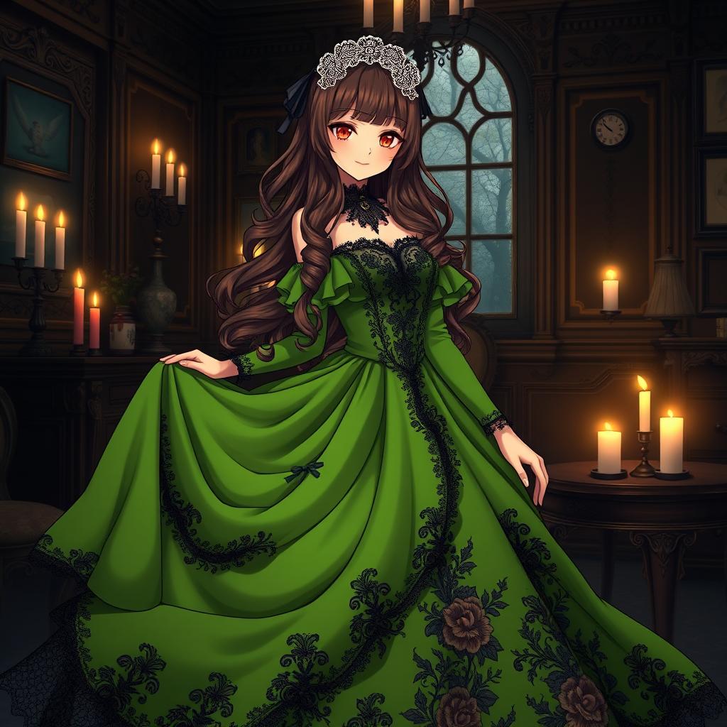 A gothic Victorian maiden anime girl wearing a striking green dress that cascades elegantly, enriched with dark lace and intricate floral patterns that highlight her unique gothic style