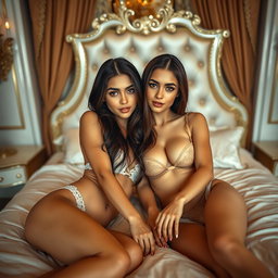 Two gorgeous young tan Arabic twin sisters with long brunette hair, exhibiting thin and petite figures with small cup sizes and small booties, dressed in seductive lingerie