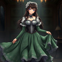 A gothic Victorian maiden anime girl dressed in a tightly laced corset over a white bodice or chemisette, exuding an elegant yet mysterious aura