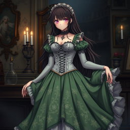 A gothic Victorian maiden anime girl dressed in a tightly laced corset over a white bodice or chemisette, exuding an elegant yet mysterious aura