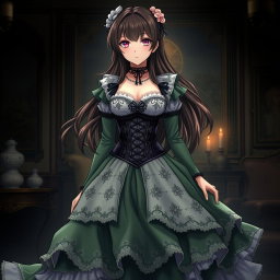 A gothic Victorian maiden anime girl dressed in a tightly laced corset over a white bodice or chemisette, exuding an elegant yet mysterious aura