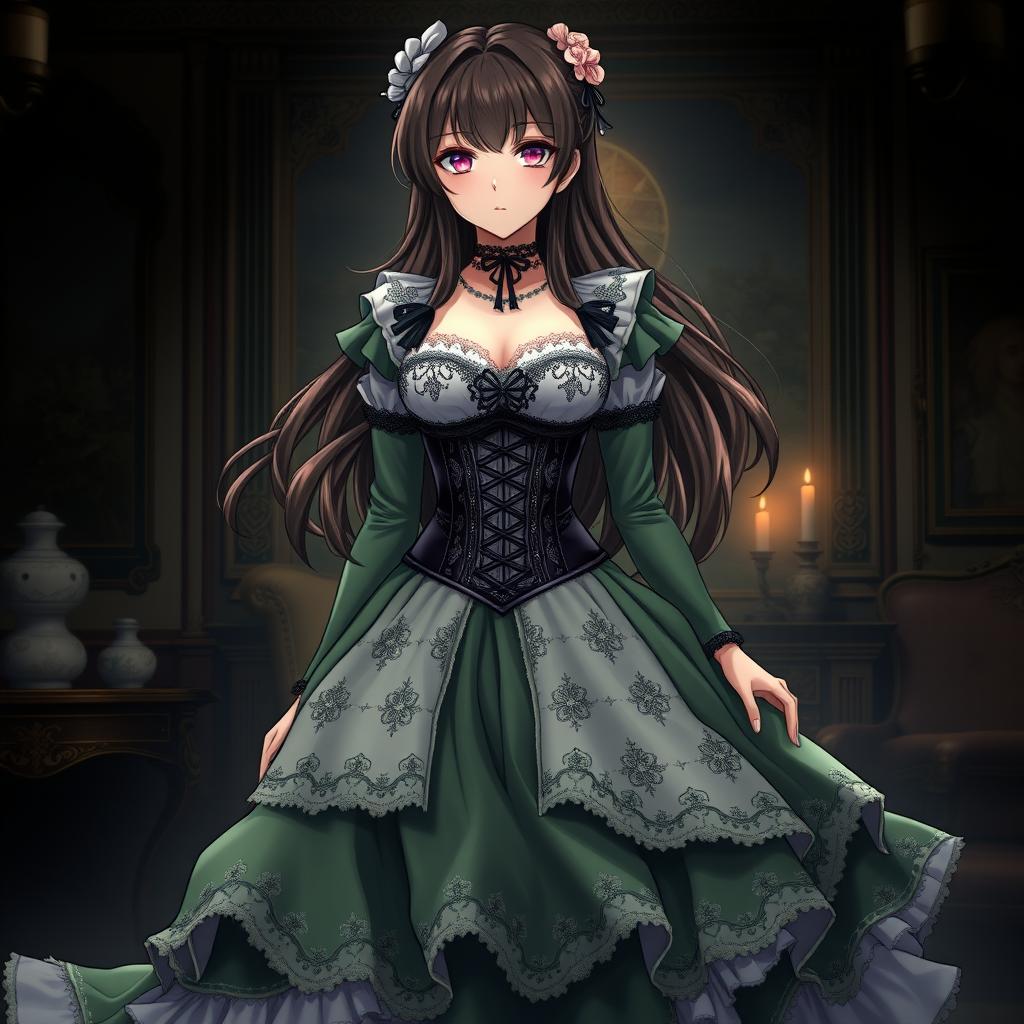 A gothic Victorian maiden anime girl dressed in a tightly laced corset over a white bodice or chemisette, exuding an elegant yet mysterious aura