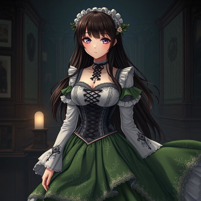 A gothic Victorian maiden anime girl dressed in a tightly laced corset over a white bodice or chemisette, exuding an elegant yet mysterious aura