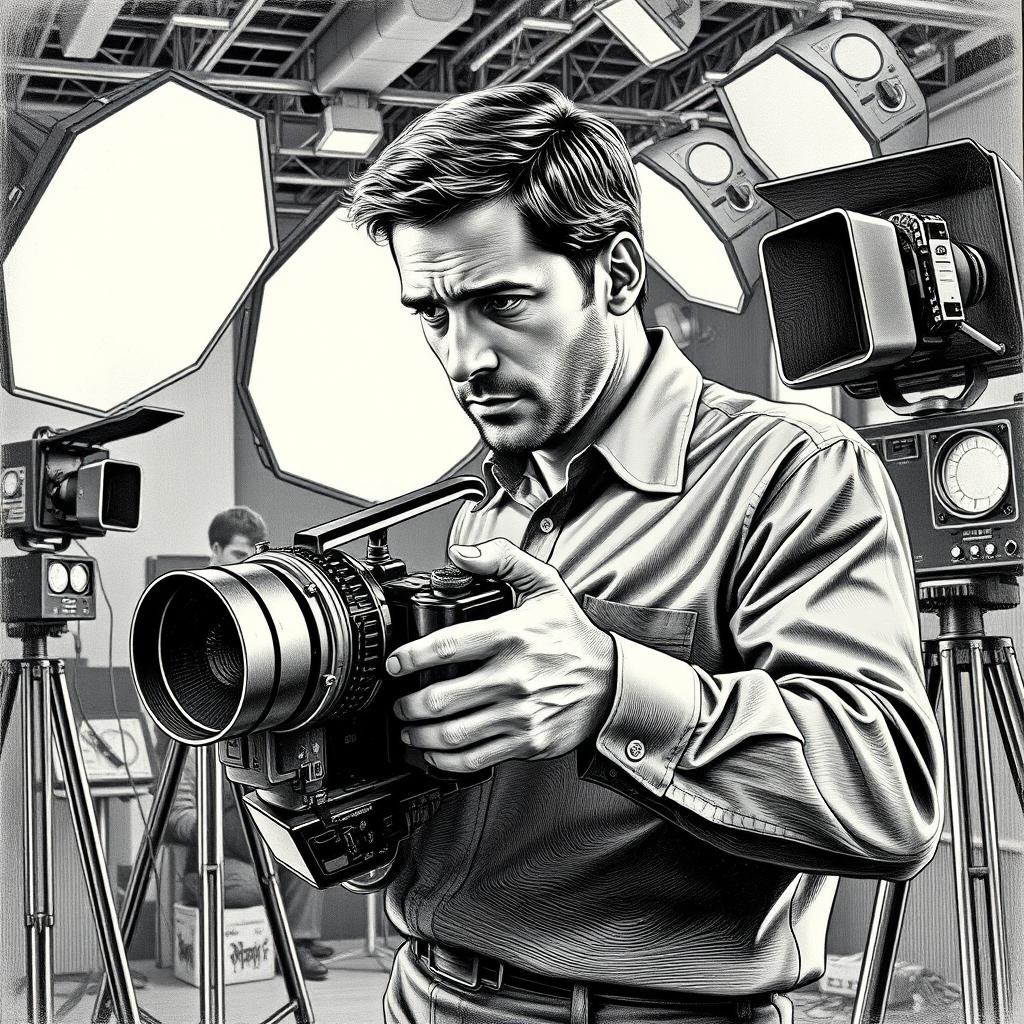 A detailed engraving style illustration of a man focused on shooting with a vintage television camera