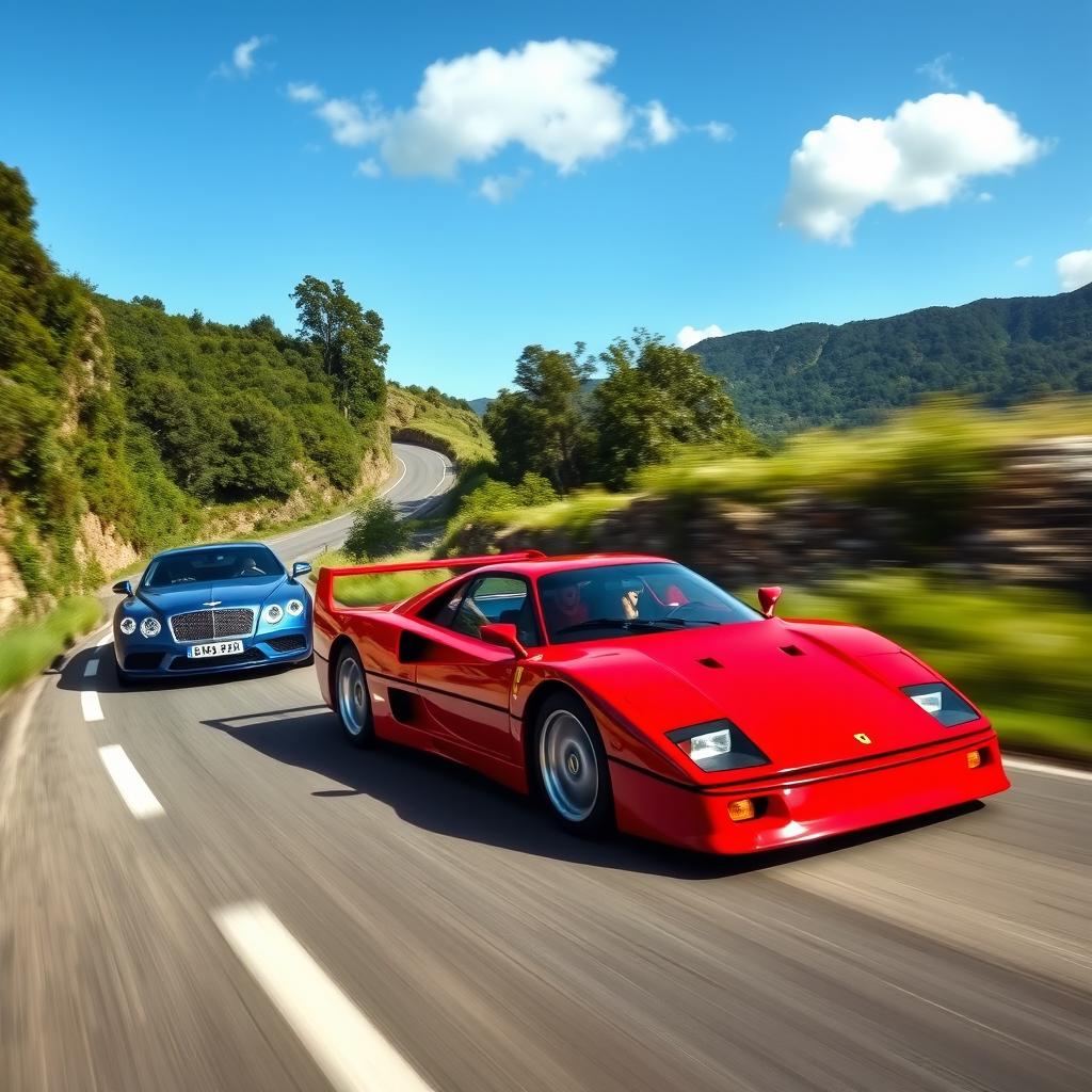 A stunning scene showcasing a Ferrari F40 racing alongside a luxurious blue Bentley, the iconic sports car featuring its signature red color and sharp angles, while the Bentley exudes elegance with its deep blue exterior and chrome accents